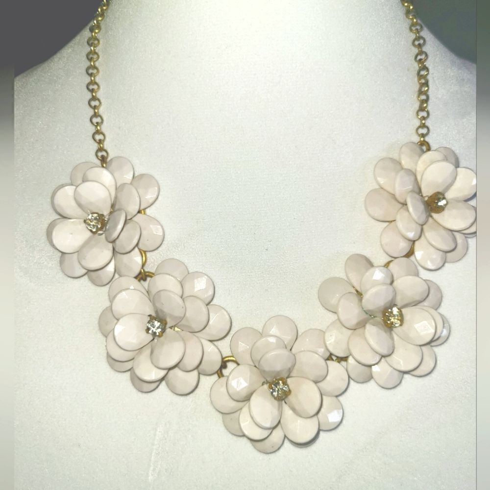 J. Crew Necklace,  off white flowers with rhinestones,  statement piece